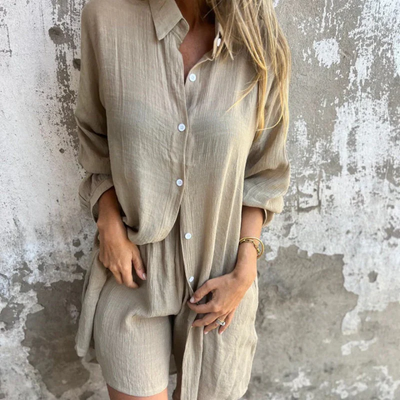 Conjunto de lino aireado: blusa y pantalones cortos de talla grande