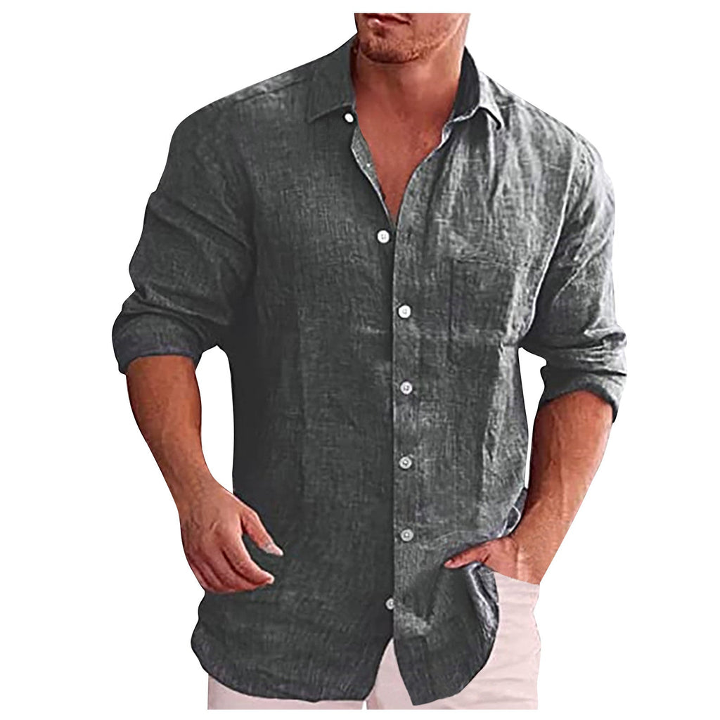 Chemise en lin gris pour homme, manches longues retroussées, col classique, boutons blancs, style décontracté et élégant, mode masculine tendance.