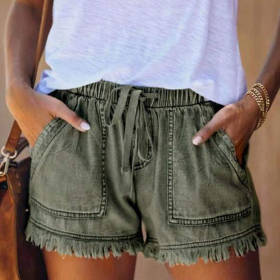 Shorts vaqueros de cintura alta con cordón y flecos para mujer