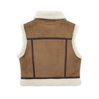 Gilet sans manches en daim marron avec doublure en fausse fourrure blanche, style rétro, mode automne-hiver, vêtement chaud et élégant.