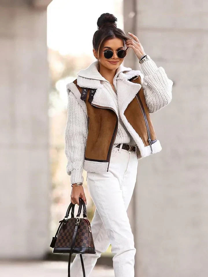 Femme élégante portant une veste en peau lainée marron, pull blanc, lunettes de soleil rondes et sac à main à carreaux, style automne chic.