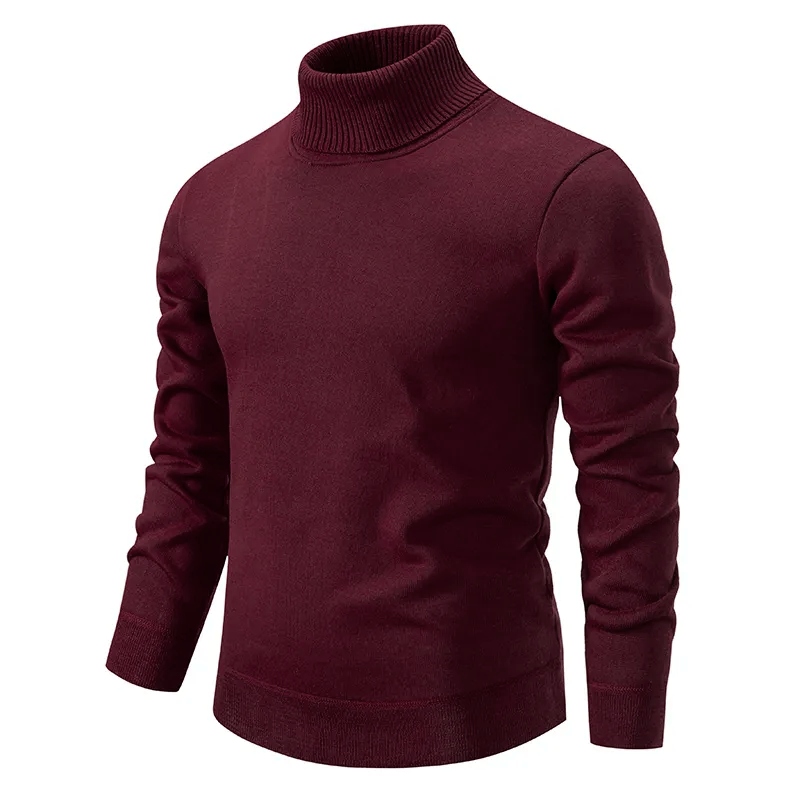Pull col roulé bordeaux pour homme, manches longues, tricoté, élégant et chaud, idéal pour l'hiver et la mode masculine.