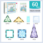 Image de tuiles magnétiques Starshine, 60 pièces, comprenant triangles, carrés et fenêtres colorés, pour construction créative et éducative.