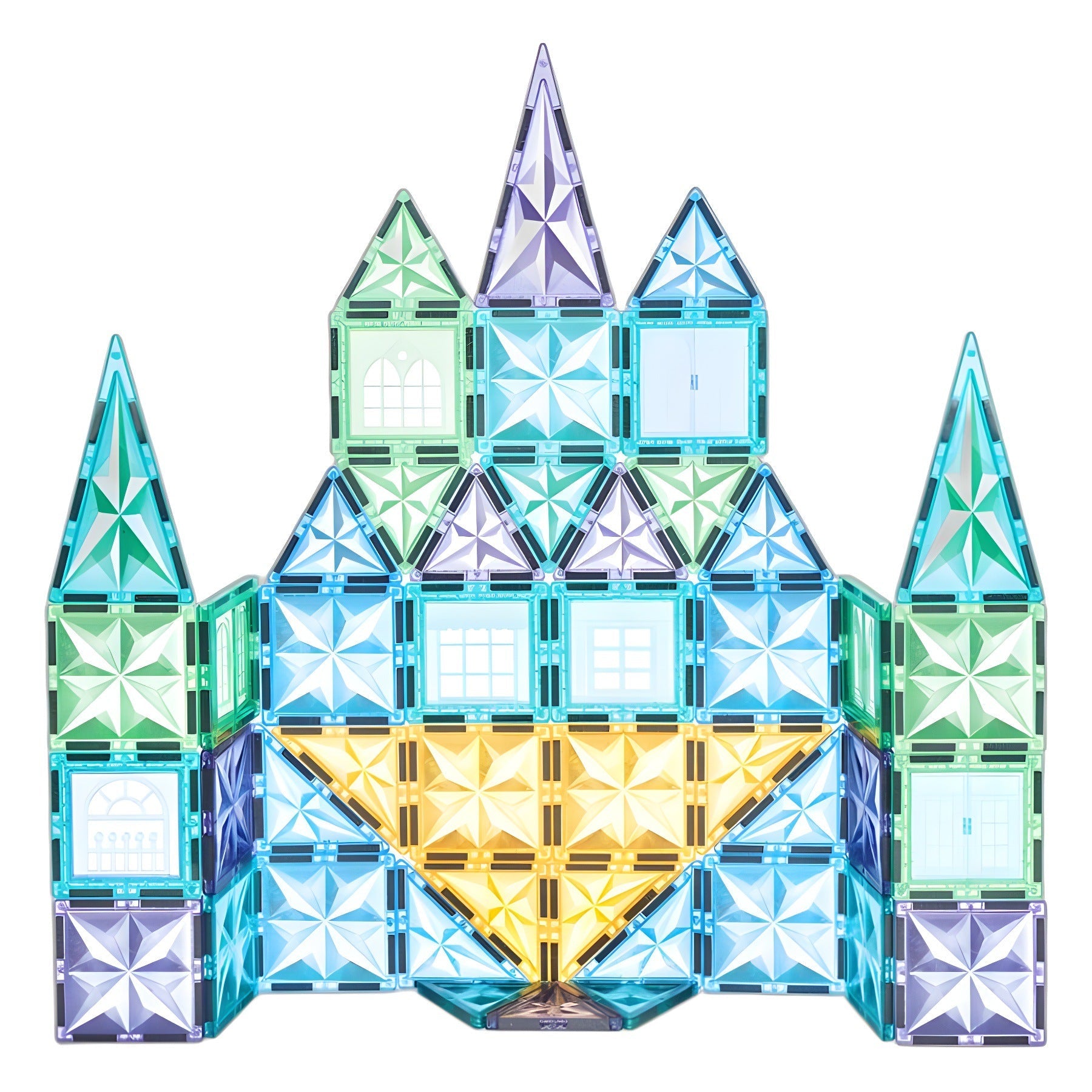 Château en blocs magnétiques colorés pour enfants, construction éducative, jouet créatif, développement cognitif, jeu d'assemblage, architecture ludique.