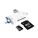 Lecteur de cartes USB Type-C blanc avec adaptateur microSD et carte microSD Samsung. Accessoire pour transfert de données rapide et pratique.
