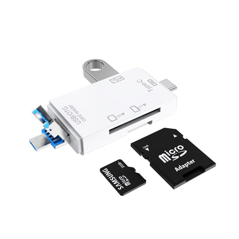 Lecteur de cartes USB Type-C blanc avec adaptateur microSD et carte microSD Samsung. Accessoire pour transfert de données rapide et pratique.