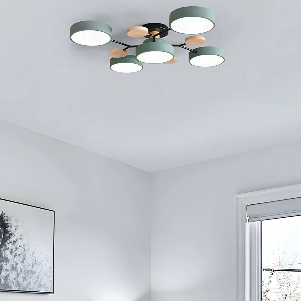 Plafonnier moderne à cinq lumières LED, design minimaliste, monté au plafond blanc, éclairage intérieur élégant, décoration contemporaine.