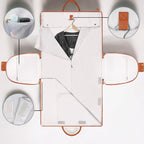 Sac de voyage pliable en cuir marron, compartiments pour vêtements, accessoires et produits de toilette, idéal pour organisation et voyages.