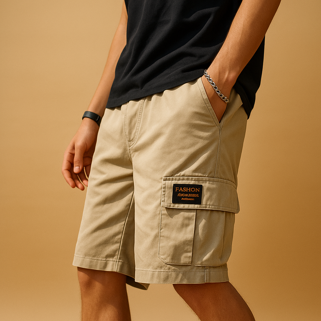 Homme portant un short cargo beige avec poche latérale, étiquette "Fashion", et un t-shirt noir. Style décontracté, mode masculine tendance.