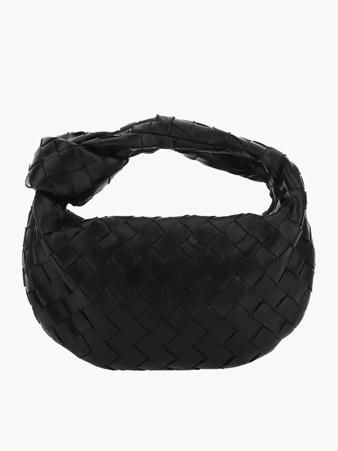 Sac à main noir tressé en cuir, design moderne et élégant, idéal pour la mode féminine. Accessoire tendance pour tenues chic et décontractées.