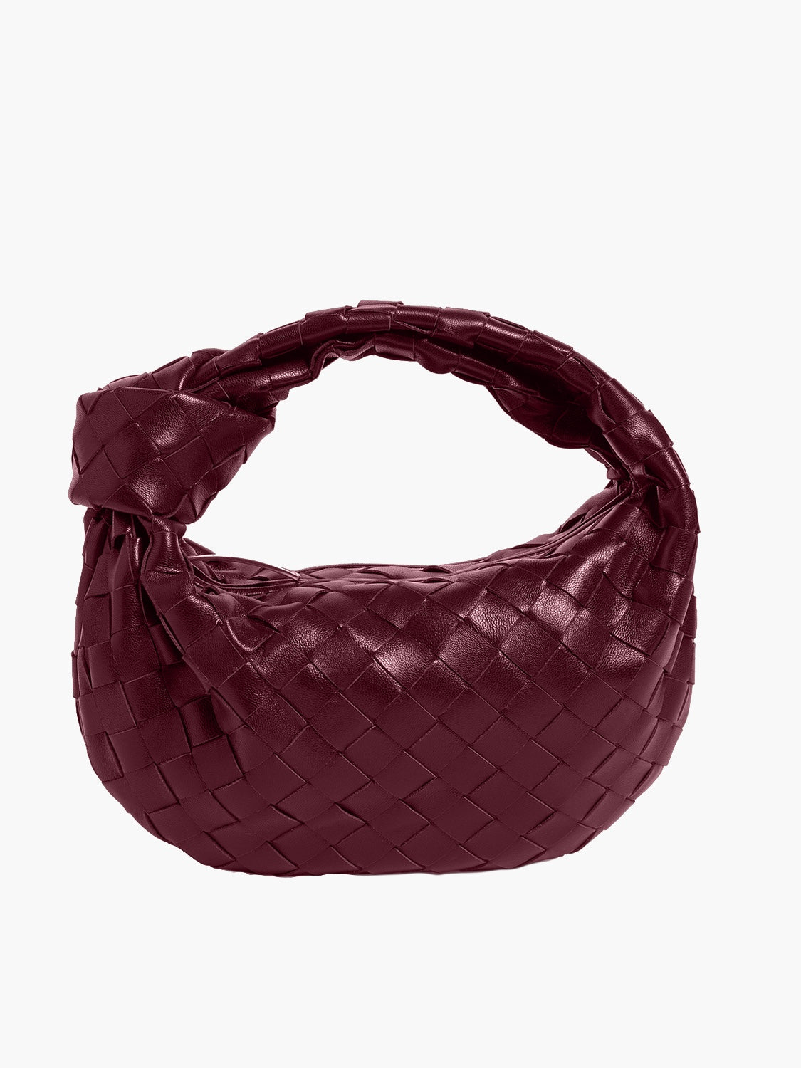 Sac à main en cuir tressé bordeaux, design moderne et élégant, idéal pour la mode féminine. Accessoire tendance pour tenues chics et décontractées.