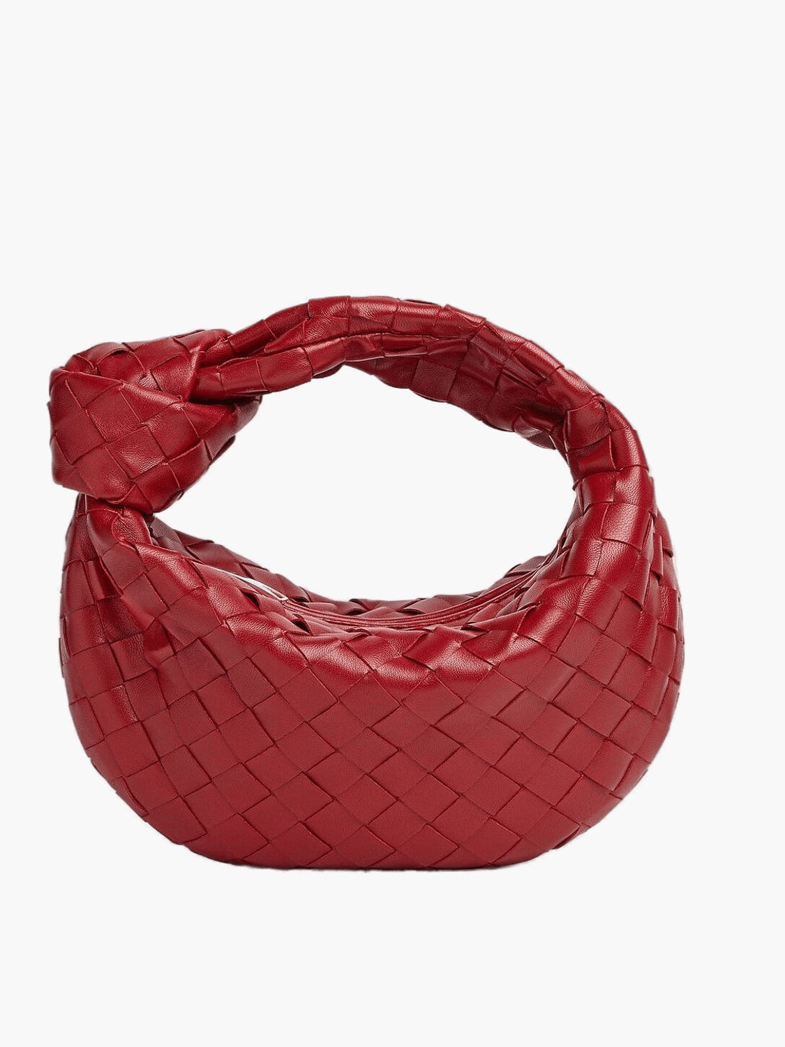 Sac à main rouge en cuir tressé, design moderne et élégant, idéal pour la mode féminine. Accessoire tendance pour tenues chics et décontractées.