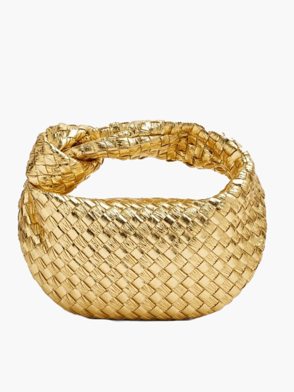 Sac à main en cuir doré tressé, design élégant et moderne, idéal pour la mode féminine. Accessoire tendance et luxueux pour soirées et événements.