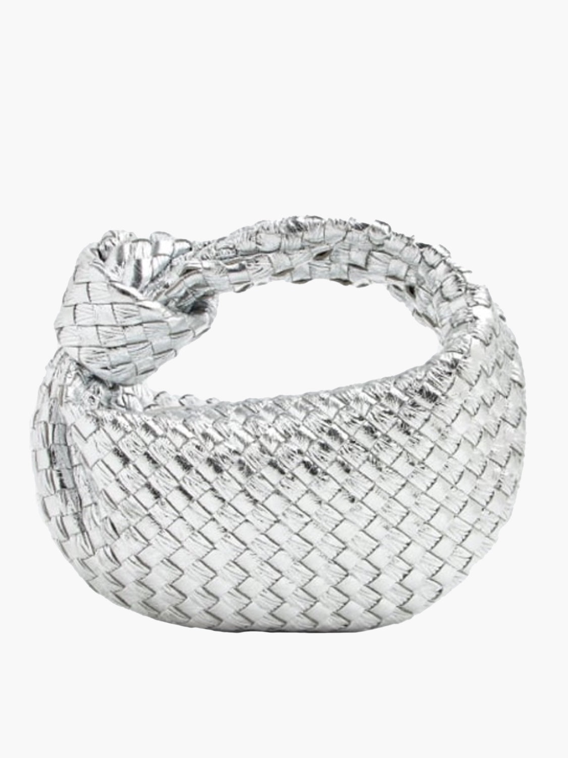 Sac à main argenté tressé, design moderne et élégant, idéal pour soirées et événements. Accessoire de mode tendance et chic.