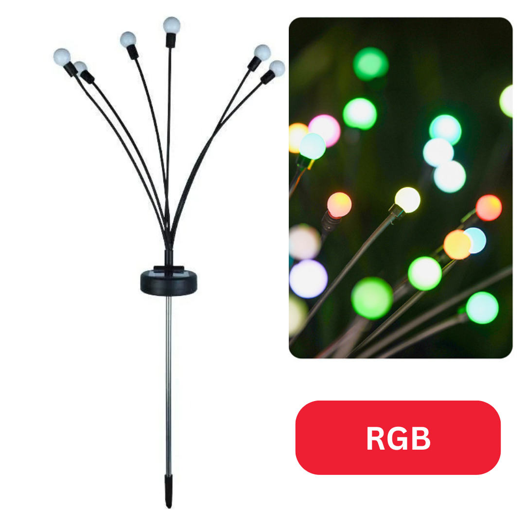 Lumière de jardin solaire LED RGB, design moderne avec tiges flexibles et ampoules multicolores, idéale pour l'éclairage extérieur décoratif.