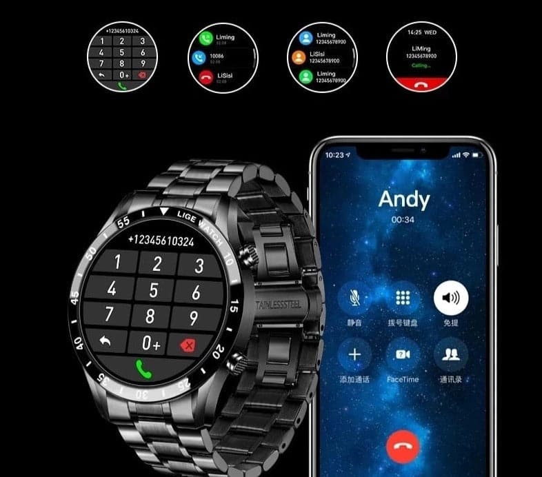 Montre connectée noire avec cadran numérique affichant un clavier téléphonique, à côté d'un smartphone affichant un appel en cours. Technologie moderne.