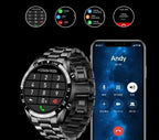 Montre connectée noire avec cadran numérique affichant un clavier téléphonique, à côté d'un smartphone affichant un appel en cours. Technologie moderne.