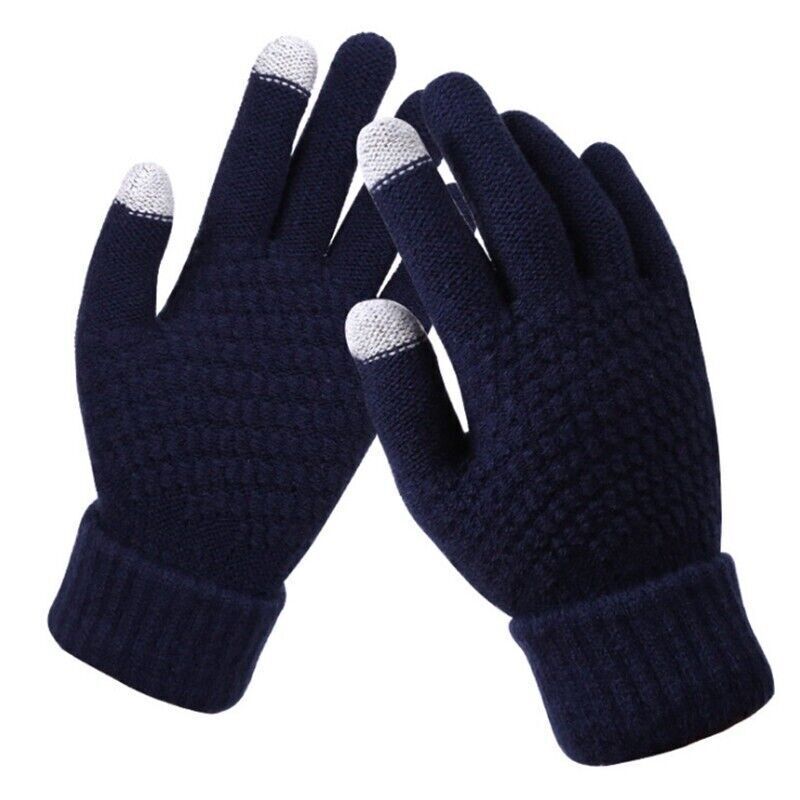 Gants tactiles en laine bleu marine avec bouts de doigts gris, idéaux pour l'hiver. Accessoire chaud et pratique pour écrans tactiles.