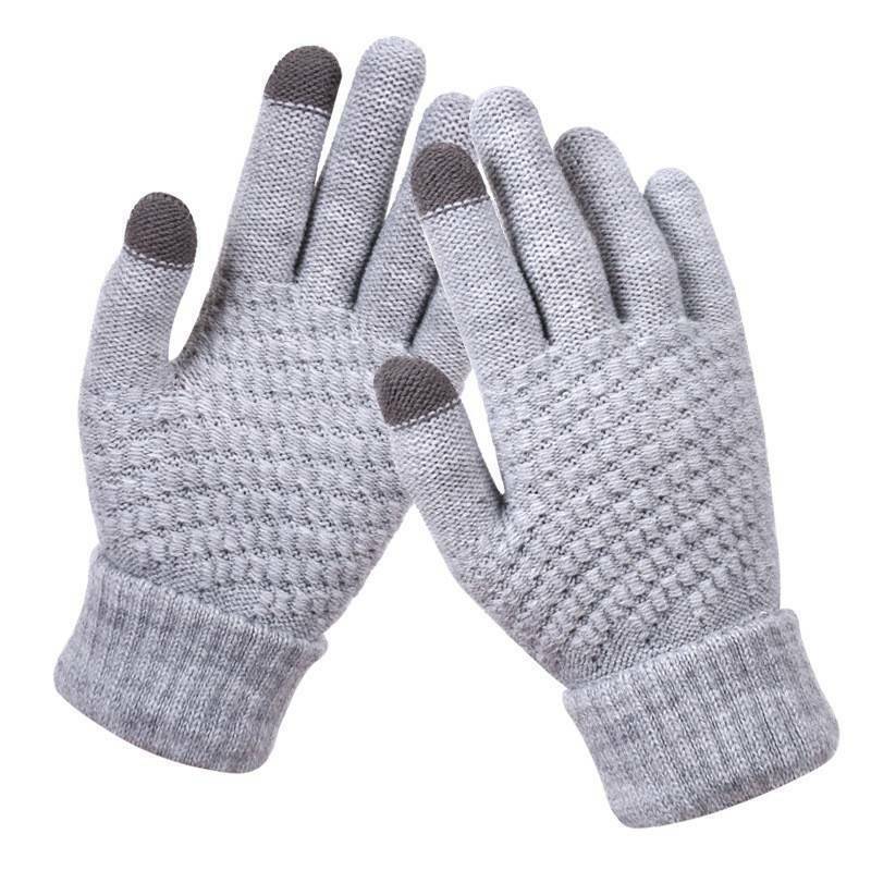 Gants tactiles gris en tricot, doigts conducteurs pour écrans, design texturé, confortables et chauds, accessoires d'hiver pratiques.