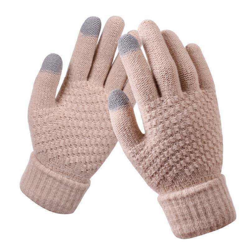 Gants en laine beige avec bouts de doigts tactiles gris, tricot texturé, chauds et élégants, parfaits pour l'hiver et l'utilisation de smartphones.