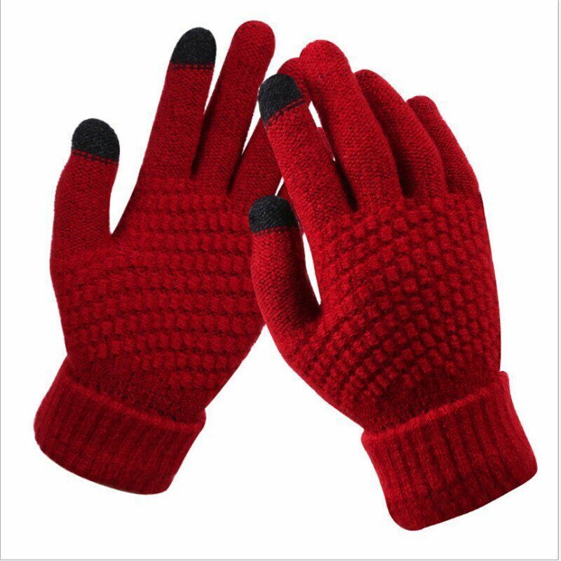 Gants rouges en laine avec motifs texturés, bouts de doigts tactiles noirs, isolants et chauds, parfaits pour l'hiver et l'utilisation de smartphones.
