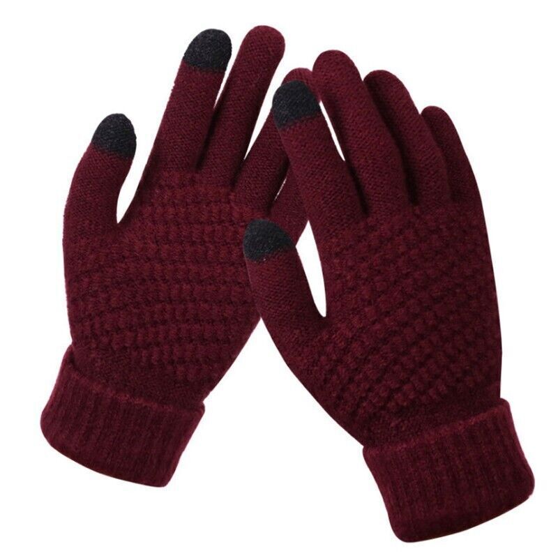 Gants tactiles rouges en tricot avec bouts noirs, design texturé, chauds et élégants, parfaits pour l'hiver et l'utilisation de smartphones.