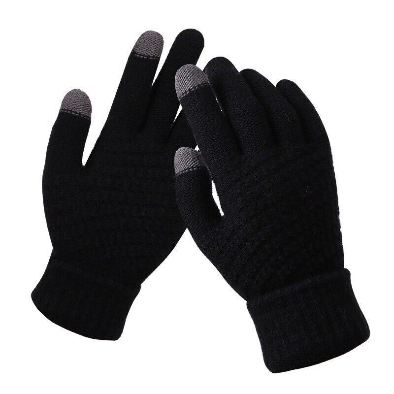 Gants tactiles noirs en tricot avec bouts de doigts gris, adaptés pour écrans tactiles, hiver, confortables et chauds. Accessoire mode essentiel.