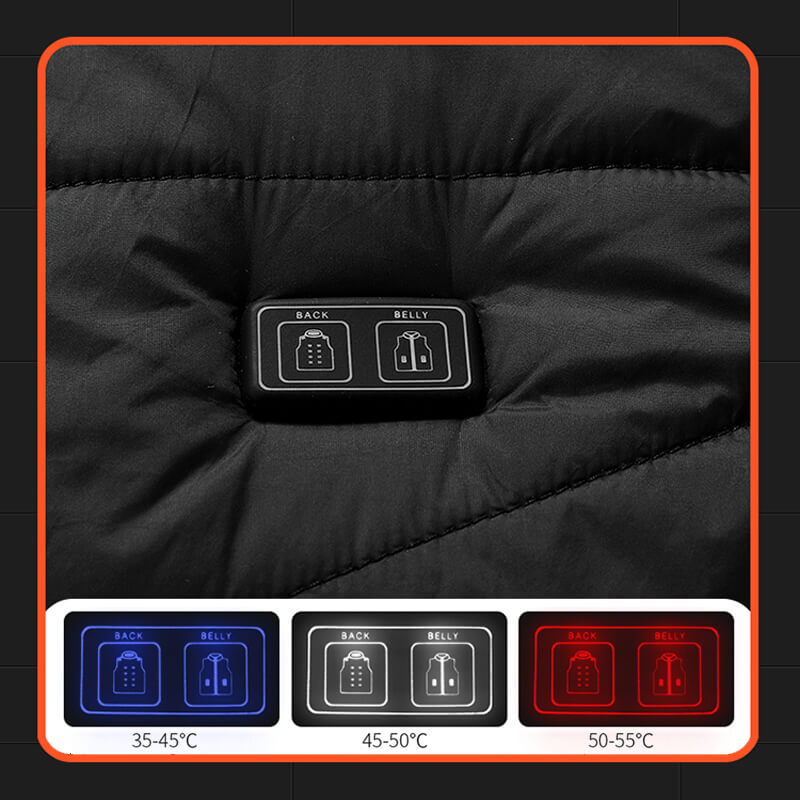 Bouton de contrôle de température sur une veste chauffante noire, affichant des options de réglage pour le dos et le ventre, avec indicateurs LED colorés.