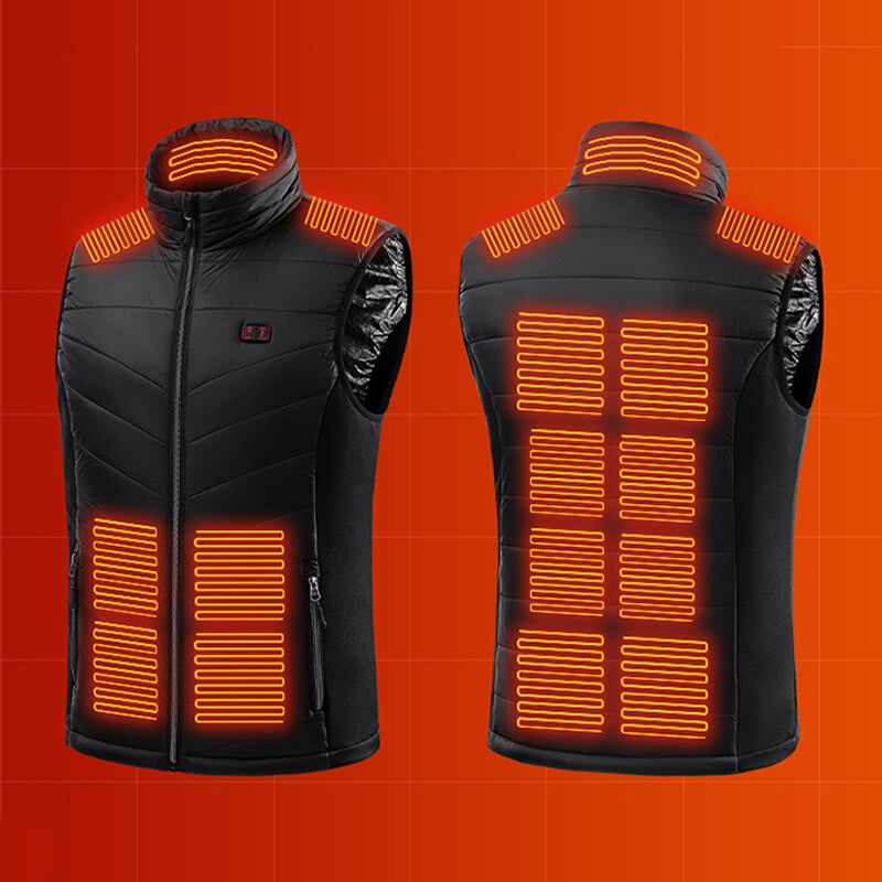 Gilet chauffant noir avec éléments chauffants orange, idéal pour l'hiver. Veste thermique, technologie de chauffage avancée, confort et chaleur.
