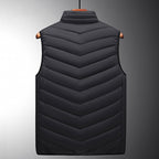 Gilet sans manches noir matelassé pour homme, design moderne, col montant, idéal pour l'hiver, mode masculine, vêtement chaud et élégant.