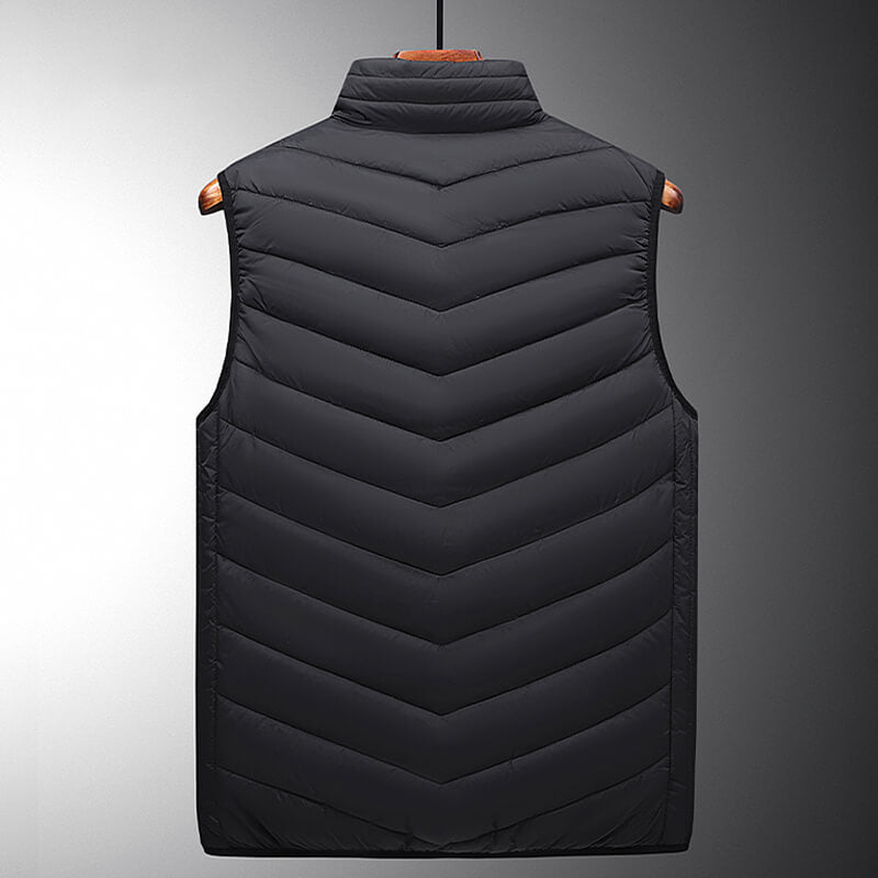 Gilet sans manches noir matelassé pour homme, design moderne, col montant, idéal pour l'hiver, mode masculine, vêtement chaud et élégant.