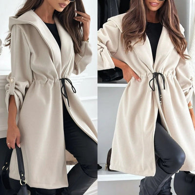 Manteau long tendance avec capuche et lien pour femme