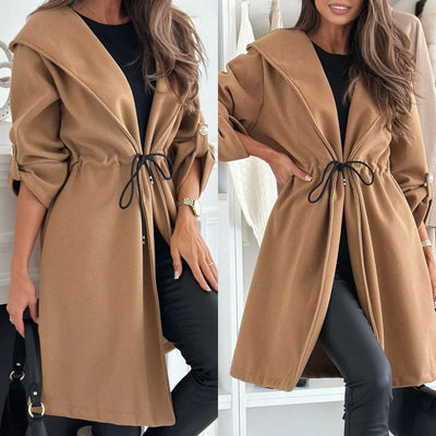 Manteau long tendance avec capuche et lien pour femme