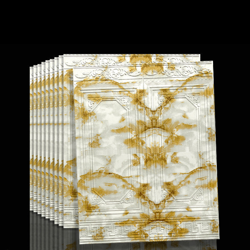 Panneaux muraux 3D en PVC blanc et or, design marbré, motifs floraux en relief, décoration intérieure moderne, revêtement mural élégant.