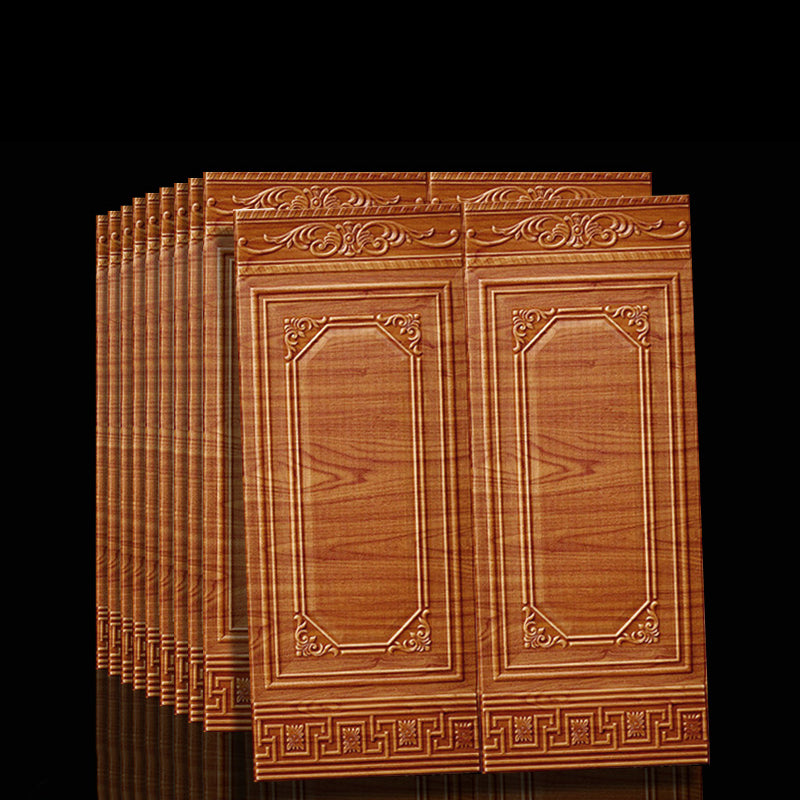 Panneaux muraux 3D en bois sculpté, design classique, texture réaliste, décoration intérieure élégante, style vintage, couleur chêne foncé.