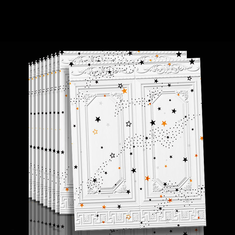 Panneaux muraux 3D blancs avec motifs étoilés noirs et orange, design décoratif en relief, idéal pour décoration intérieure moderne et élégante.