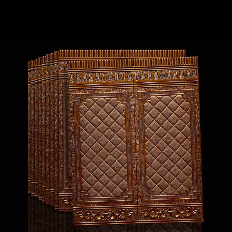 Panneaux muraux 3D en cuir marron, design capitonné, style luxueux, décoration intérieure moderne, revêtement mural élégant.