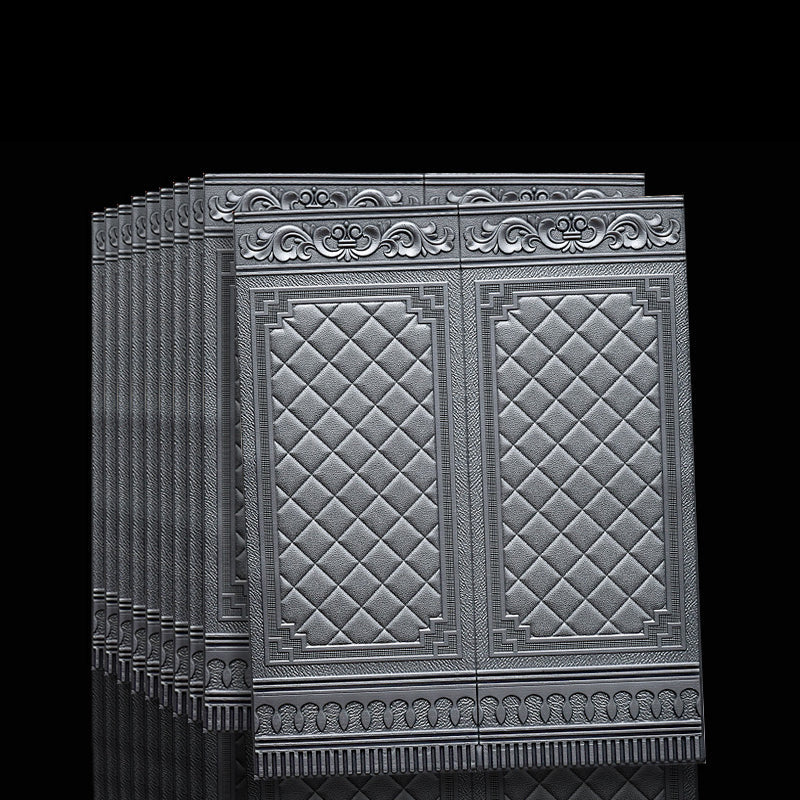 Panneaux muraux 3D en relief argenté, design capitonné, motifs floraux, style moderne, décoration intérieure élégante, fond noir.