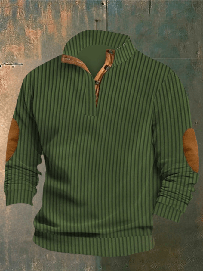 Pull-over vert à col zippé, manches longues, coudières marron, motif côtelé. Mode automne-hiver, style décontracté, tendance masculine.