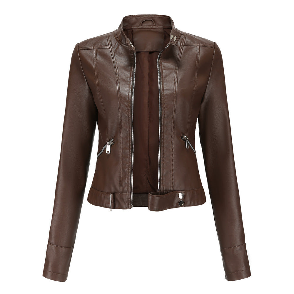 Veste en cuir pour femmes avec fermeture éclair, col montant et ceinture