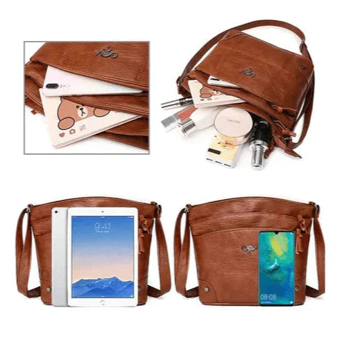 Sac à bandoulière en cuir marron avec compartiments, contenant tablette, smartphone, maquillage. Mode, accessoires, rangement pratique.