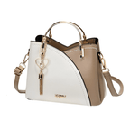 Sac à main en cuir bicolore blanc et beige avec bandoulière amovible, poignée dorée et pendentif cœur. Accessoire mode élégant pour femme.