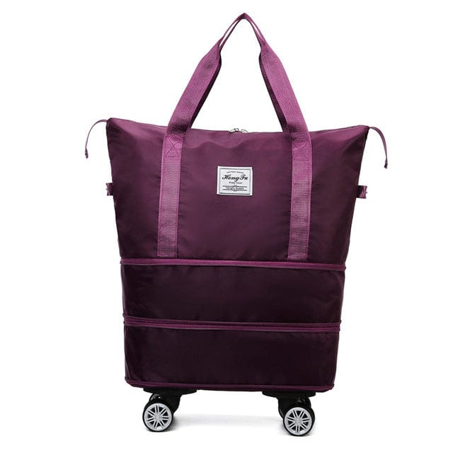 Sac à roulettes violet, design moderne, avec poignées robustes et étiquette centrale. Idéal pour voyages, shopping, rangement pratique.
