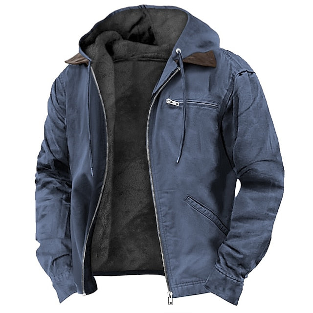 Veste bleue à capuche avec doublure en fourrure noire, fermeture éclair, poches zippées, style décontracté, idéale pour l'hiver et les activités extérieures.