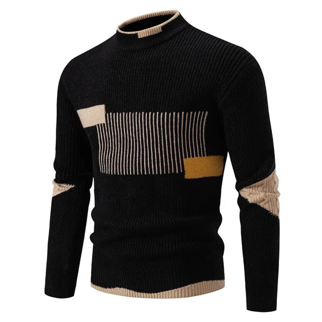Pull noir à col rond avec motifs géométriques beige et marron, manches longues, style moderne. Mode homme, tricot tendance, hiver.
