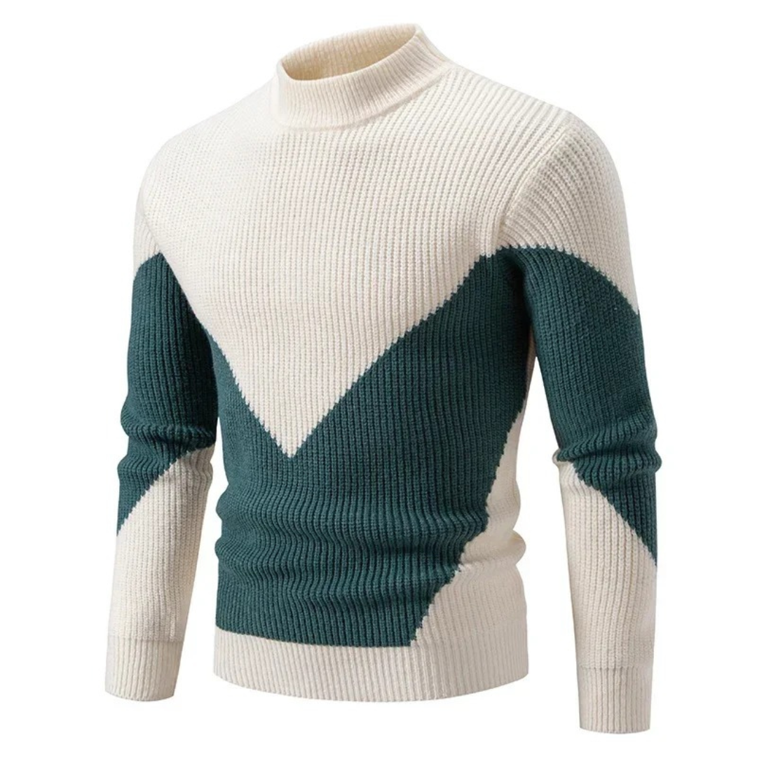 Pull en tricot à col montant, motif géométrique vert et blanc, manches longues, style moderne, mode homme automne-hiver, confortable et élégant.