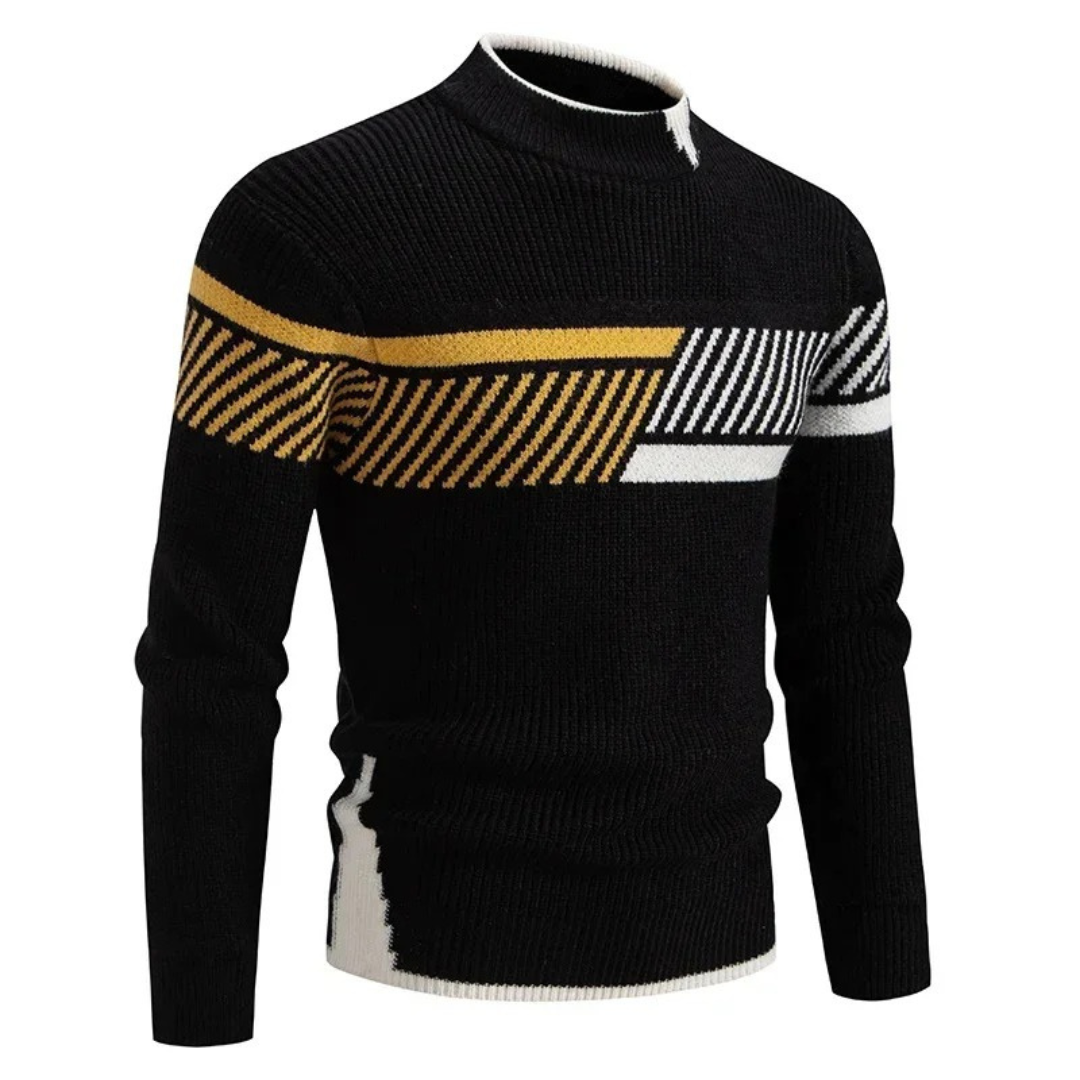 Pull noir à col rond avec motifs géométriques jaunes et blancs, style moderne. Vêtement d'hiver tendance pour homme, mode automne-hiver.