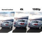 Image comparative de la qualité d'affichage d'une voiture Volkswagen bleue entre normal, 4K et 1080p, illustrant la netteté et les détails visuels.
