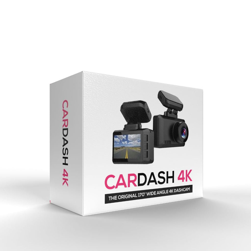 Boîte de caméra de tableau de bord 4K Cardash, affichant une dashcam avec objectif grand angle 170°, écran intégré, emballage blanc et texte rouge.