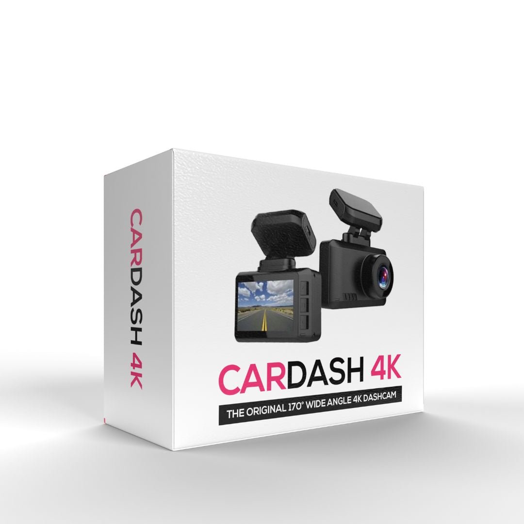 Boîte de caméra de tableau de bord 4K Cardash, affichant une dashcam avec objectif grand angle 170°, écran intégré, emballage blanc et texte rouge.